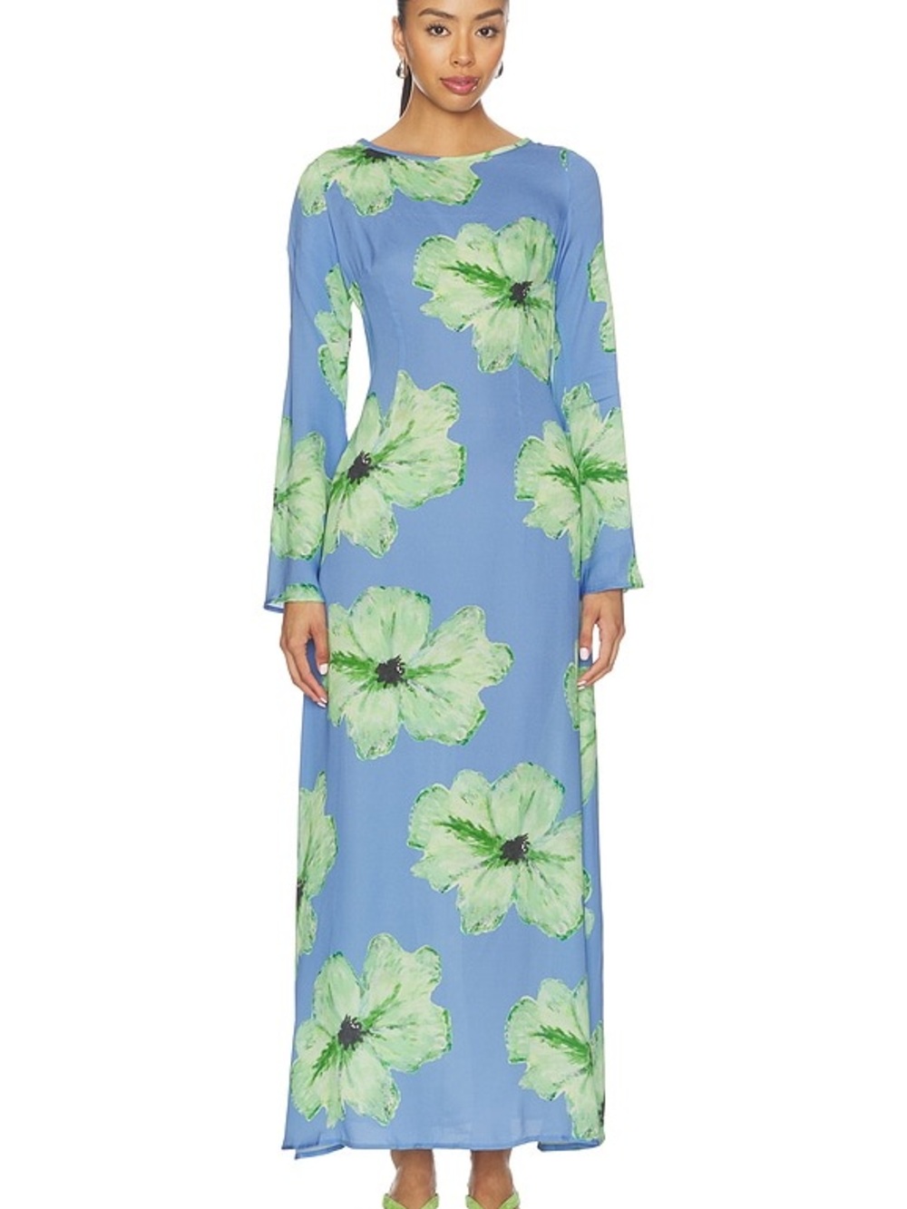 Wolf Gang Leona Light Blue Maxi Dress with Large Green Floral Print